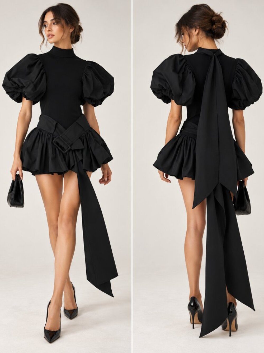 Rokh Belted Puff Sleeve Peplum Top Black FR 36 US 4 NWT